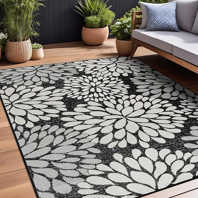 Beverly Rug Outdoor Rug 10x14 Modern Exotic Tropical Leaf Area Rugs for Indoor and Outdoor Patio Deck Porch Garden Water Resistant Washable Outside Carpet (10 x 14 Dark Gray)-Ruum Studio Home