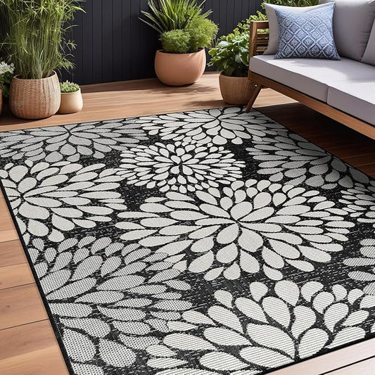 Beverly Rug Outdoor Rug 8x10 Modern Exotic Tropical Leaf Area Rugs for Indoor and Outdoor Patio Deck Porch Garden Water Resistant Washable Outside Carpet (8 x 10 Dark Gray)-Ruum Studio Home