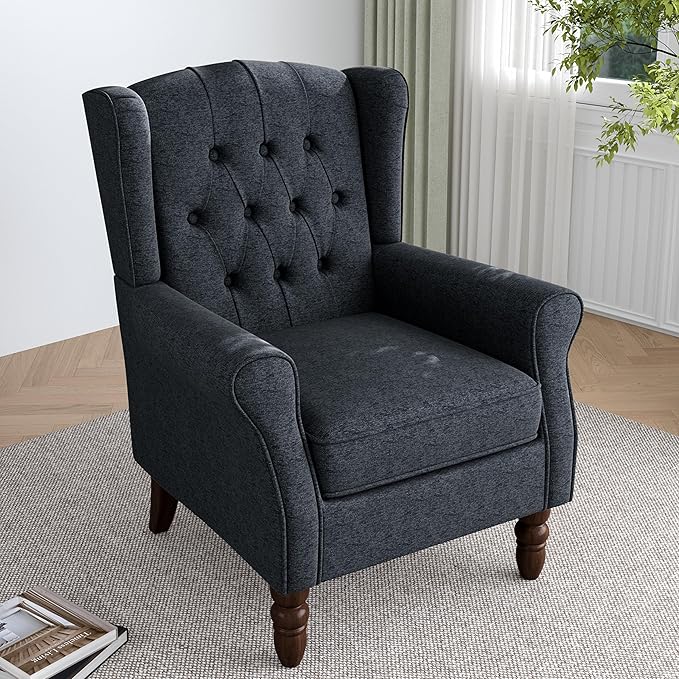 Lumibee High Back Accent Chair,Upholstered Wingback Armchair with Solid Wood Legs for Small Spaces,Comfy Single Sofa Chair for Living Room,Bedroom,Office-Black Blue-Ruum Studio Home
