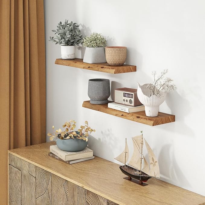 30" Floating Shelves, Live Edge Solid Elm Wood Floating Shelf, Wall Mounted Display Shelves with Heavy-Duty Bracket for Books, Rustic Wooden Shelf for Kitchen, Bathroom, Natural Color, Set of 2-Ruum Studio Home