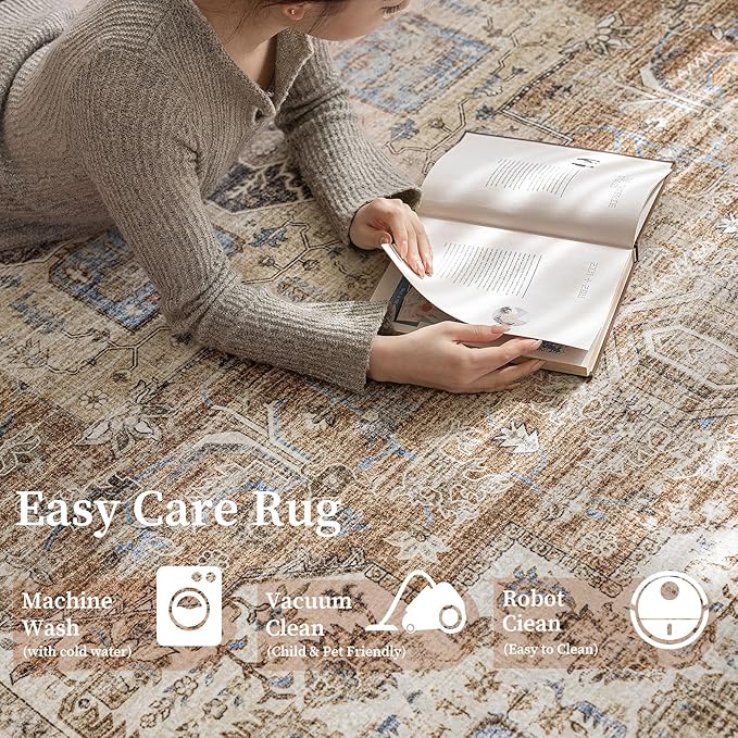 5'x7' Area Rug - Vintage Persian Medallion Design Low-Pile Faux Wool Rug, Non-Slip Backing, Machine Washable, for Living Room, Dining Room, Bedroom (Brick Red)-Ruum Studio Home
