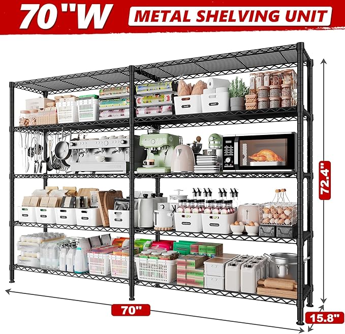 REIBII 70"W Storage Shelves Load 1600LBS, Metal Shelving 5-tier Wire Shelving Unit Metal Shelves for Storage Adjustable Garage Shelving for Pantry Kitchen Garage Commercial school 70"W*15.8"D*72.4"H-Ruum Studio Home