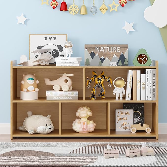 Book Shelf Set of 2, 5 Cubes Storage Organizer, Open Shelf Wooden Bookcase, Freestanding Log Bookshelf Cube Shelf for Bedroom, Living Room, Home Office-Ruum Studio Home