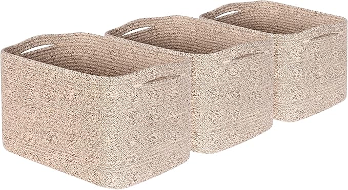 MINTWOOD Design 3-Pack Decorative Woven Storage Baskets for Shelves, Cube Bin Box for Organizing Books, Shoes, Dog Toys, Pantry Closet and Living Room Organizer, Oatmeal Brown-Ruum Studio Home