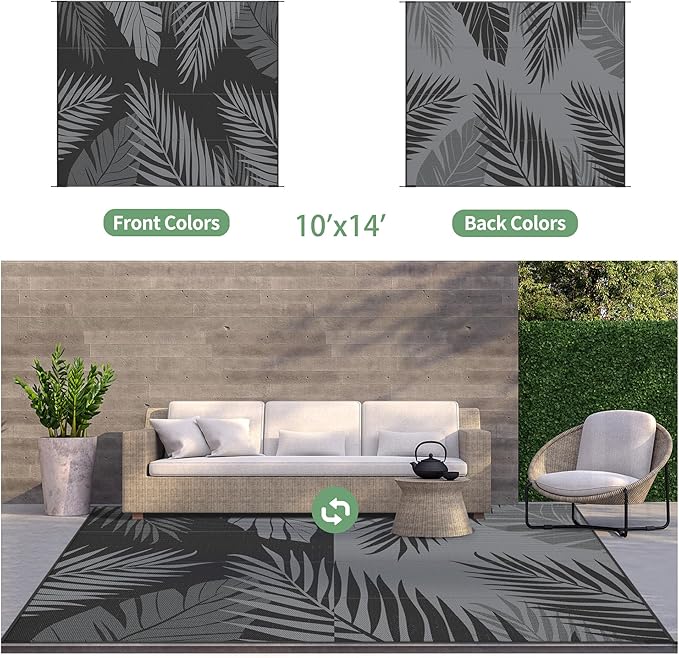 GENIMO Outdoor Rug 10' x 14' Waterproof for Patios Clearance, Reversible Outdoor Plastic Straw Camping Rug Carpet, Large Area Rugs Mats for RV, Camper, Deck, Balcony, Porch, Beach, Picnic, Black&Grey-Ruum Studio Home