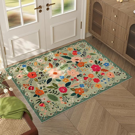 Door Mat Indoor Entrance 2x3 Rug Machine Washable Boho Floral Small Area Rug Non-Slip Low Pile Throw Rugs for Entryway, Kitchen, Front Door Indoor Entrance, Entry, Kids Room (Green)-Ruum Studio Home
