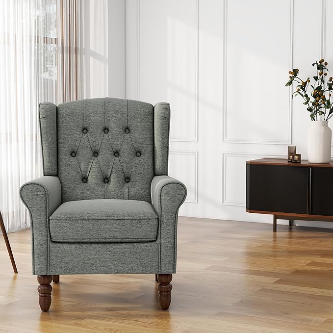 UIXE High Back Accent Chair, Fabric Upholstered Armchair for Living Room, Retro Wingback Arm Chair Comfy Single Sofa Bedroom Reading Seat with Solid Wooden Legs - Gray-Ruum Studio Home