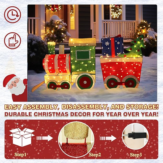 5FT Light-Up Christmas Train Decor with 170 LED Lights, 3D Pre-Lit Train Set with Gift Box and Christmas Tree for Xmas Decoration, Freestanding Glittered Holiday Display for Outdoor, Indoor-Ruum Studio Home