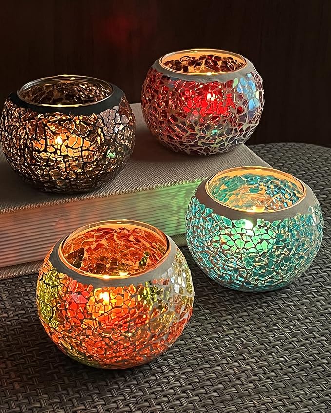SHMILMH Mosaic Glass Candle Holder Set of 4, Votive Candle Holders Handmade Cracked Tealight Holders for Fall Christmas Diwali Home Decorations, Diwali Gift-Ruum Studio Home