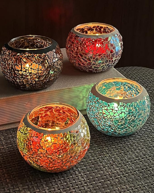 SHMILMH Mosaic Glass Candle Holder Set of 4, Votive Candle Holders Handmade Cracked Tealight Holders for Fall Christmas Diwali Home Decorations, Diwali Gift-Ruum Studio Home