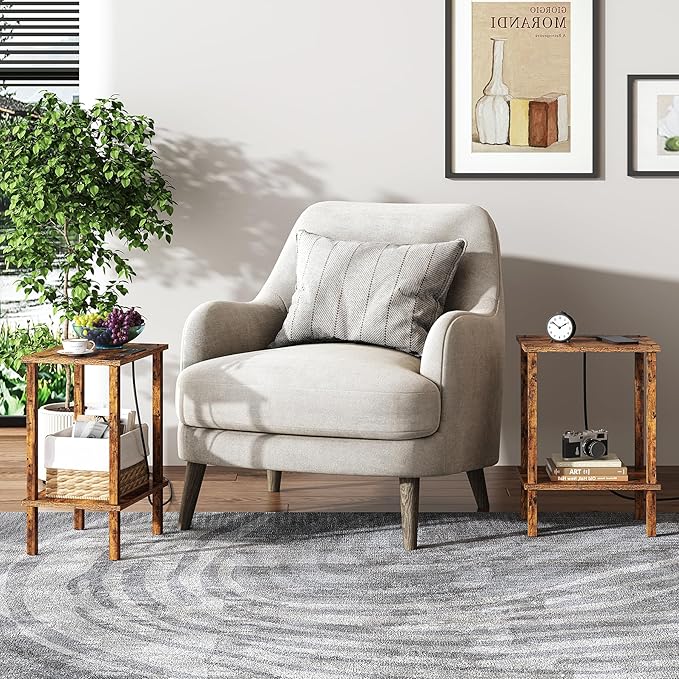 TUTOTAK End Table with Charging Station, Small Side Table with Outlets, Nightstand Bedside Table, 2-Tier Storage Shelf for Small Space, Living Room, Bedroom, Brown TB01BB040C-Ruum Studio Home