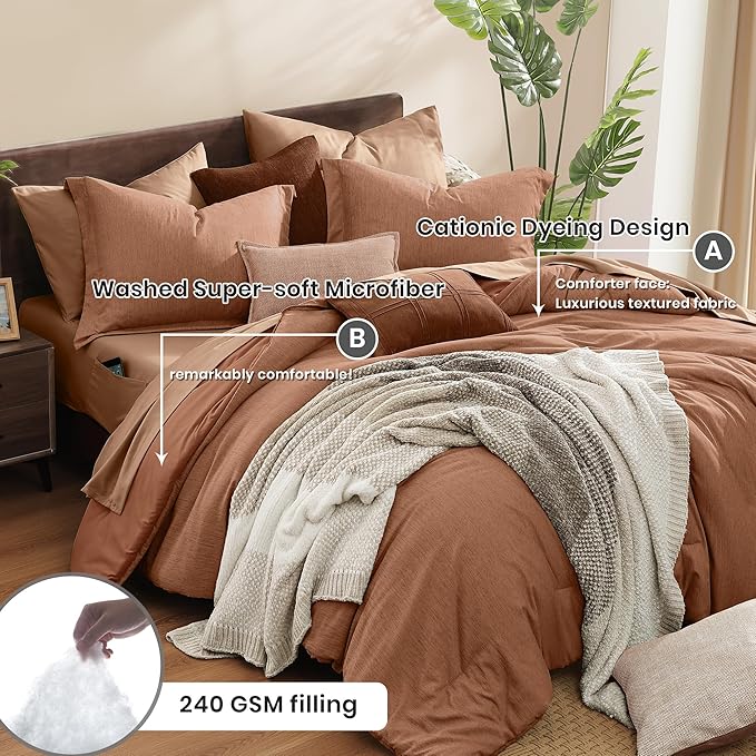 Monbix California King Comforter Set - 7 Pieces Cationic Dyeing Autumn Leaf Bed in a Bag Cal King Bed Sets with Comforter, Sheets, Pillowcases & Shams, Reversible Bedding Comforters Sets (108 * 92)-Ruum Studio Home