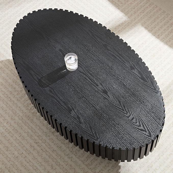 Oval Coffee Table for Living Room, Modern Fluted Coffee Tables with Pedestal Base, Handcrafted Centre Tea Tables Easy Assembly-43.7" Black-Ruum Studio Home