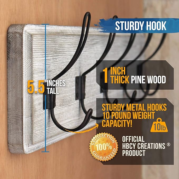 HBCY Creations Rustic Coat Rack - Wall Mounted Whitewash 24" Entryway Coat Hooks - 5 Rustic Hooks, Solid Pine Wood. Perfect Touch for Your Entryway, Kitchen, Bathroom... (Whitewash)-Ruum Studio Home