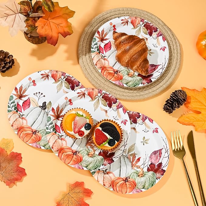 AllReal Fall Pumpkins Paper Plates Rustic Pumpkin Leaves Disposable Party Plate 7" Thanksgiving Autumn Dessert Plate for Birthday Baby Shower Party Supplies Table Decor (24)-Ruum Studio Home