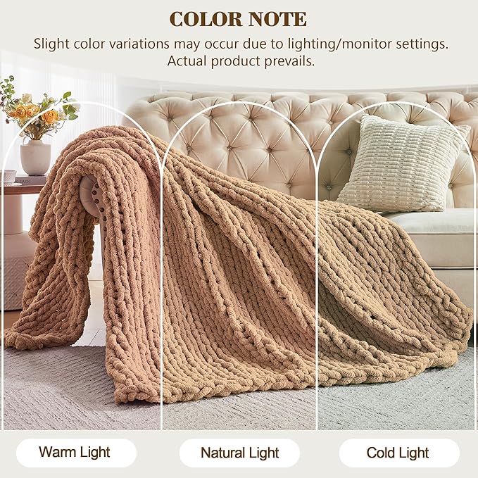 Carriediosa Chunky Knit Throw Blanket 50" X 60", 100% Hand Made Large Chenille Loop Yarn Soft Fluffy Throws for Couch Sofa Bed, Big Crochet Cozy Heavy Thick Cable Woven Blankets, Tan Brown-Ruum Studio Home