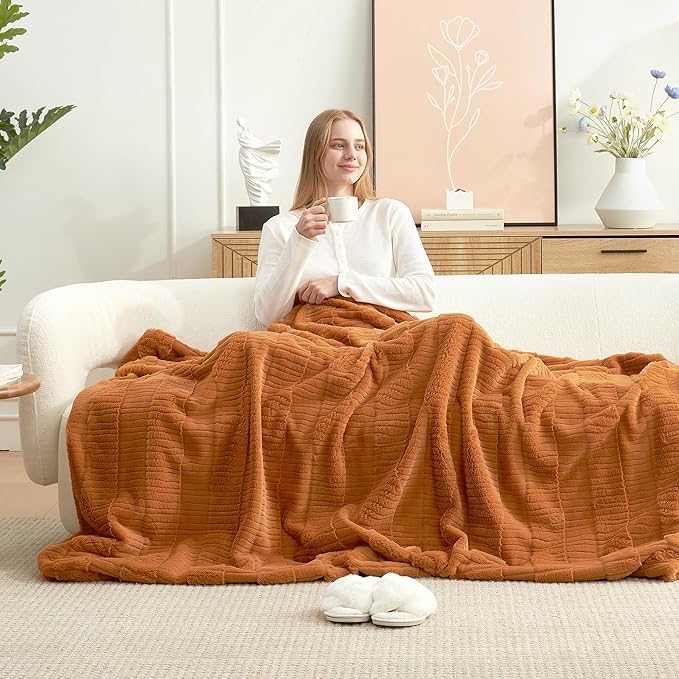 Amélie Home Luxury Striped Faux Fur Throw Blanket for Couch, Embossed Split Fur Cozy Fuzzy Fluffy Luxurious Soft Plush Sofa Chair Bed Gift Blankets for Women Men Wife Friend, 60"x80", Brown-Ruum Studio Home