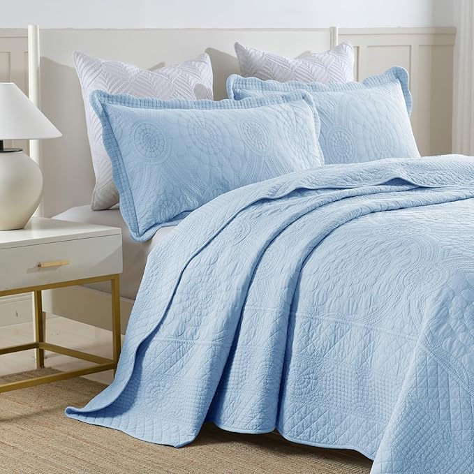 MarCielo 3-Piece 100% Cotton Oversized Bedspread Lightweight Quilt Coverlet Embroidery Farmhouse Bedding Set (Tf Light Blue, Oversized Queen (100"x106"))-Ruum Studio Home