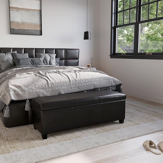 BELLEZE 47 Inch Storage Ottoman, Faux Leather Storage Bench Bedroom Bench with Safety Close Hinge, Ottoman with Storage for Living Room, Entryway, Hallway, Foot Rest, Support 300lbs - Black-Ruum Studio Home