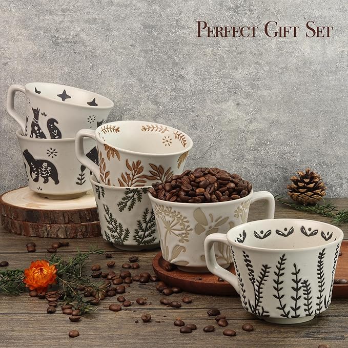 Ceramic Coffee Mug, 12 oz Novelty Unique Teacup with Large Handle, Stoneware Cup for Tea Mocha Latte Cappuccino Espresso (Set of 4, Butterfly Grass Ivy and Leaf)-Ruum Studio Home