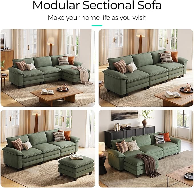 LINSY HOME Modular Sectional Sofa - 123'' Oversized Corduroy Cloud Couch L Shaped Couch with Movable Ottoman Soft Modern Comfy Sofa for Living Room Apartment Office, Green-Ruum Studio Home