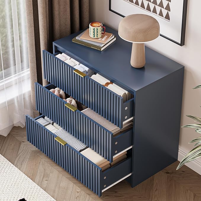 Fluted Dresser for Bedroom, 32 Inch Wide Nightstand with Large Drawer, 3 Drawer End Table for Bedroom, Living Rooms, Offices, and Entryways, Navy Blue-Ruum Studio Home