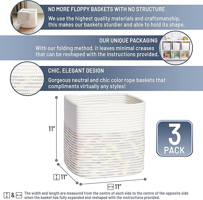 NaturalCozy Storage Cubes 11 Inch Cotton Rope Woven Baskets for Organizing, 3-Pack | Cube Storage Bin | Square Storage Baskets for Shelves Organizer, Classroom, Kids Toy Bins, Closet, Baby Nursery-Ruum Studio Home