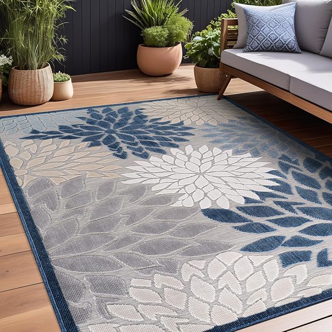 Beverly Rug Outdoor Rug 6x9 Modern Floral Tropical Area Rugs for Indoor and Outdoor Patio Easy to Clean Non Shedding Living Room Porch Garden Washable Outside Carpet (6 x 9 Blue)-Ruum Studio Home