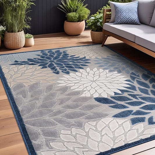 Beverly Rug Outdoor Rug 9x12 Large Modern Floral Tropical Area Rugs for Indoor and Outdoor Patio Easy to Clean Non Shedding Living Room Porch Garden Washable Outside Carpet (9 x 12 Blue)-Ruum Studio Home