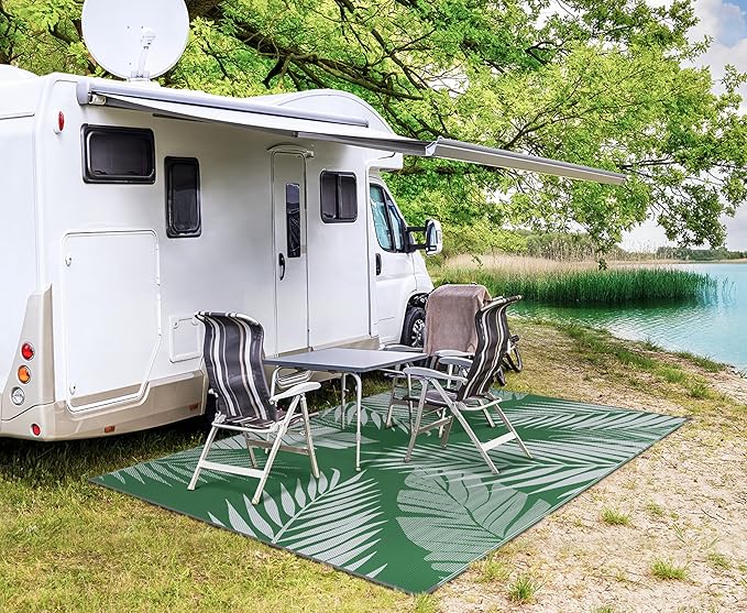 GENIMO Outdoor Rug 6' x 9' Waterproof for Patios Clearance, Reversible Plastic Straw Camping Carpet, Large Area Rugs Mats for RV, Picnic, Backyard, Deck, Balcony, Porch, Beach, Green&Grey-Ruum Studio Home