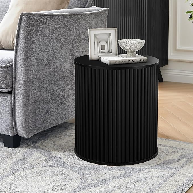 AVZEAR Fluted Round Side Table with Storage, Small Mid Century End Table Fluted Nightstands, Modern Circle Bedside Tables Wood Night Stand for Small Spaces, Living Room, Bedroom (Black)-Ruum Studio Home