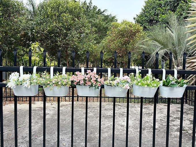 10" Hanging Flower Pots, Pack of 8 White Metal Outdoor Patio Balcony Planter, Railing Planters Fence Pot with Detachable Hook & Drainage Hole for Small Plants (White, 8Pcs)-Ruum Studio Home