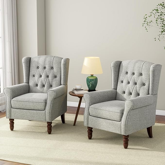 Accent Chair, Upholstered Armchair with Button Tufted High Back & Solid Wood Legs, Comfy Wingback Reading Single Sofa Chair for Small Spaces, Living Room, Bedroom (Light Grey, Set of 1)-Ruum Studio Home