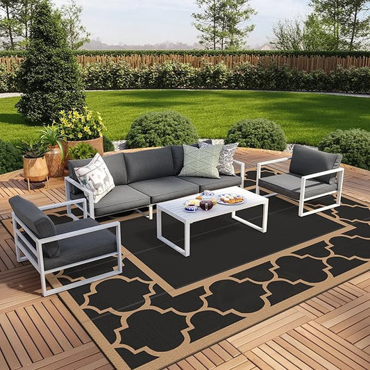 GENIMO 10 ' x 14 ' Outdoor Rug Waterproof for Patio Decor, Foldable Reversible Plastic Straw Area Rugs Mat for Camper, Outside Carpet for Rv, Deck, Porch, Picnic, Beach, Balcony, Black & Brown-Ruum Studio Home