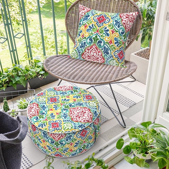 Inflatable Ottoman Stool D21 xH9 for Outdoor/Indoor Use, Water Repellent Patio Foot Rest Stool with Portable Handle,Round Pouf Ottoman Suitable for Garden,Deck and Camping - Damask Red-Ruum Studio Home