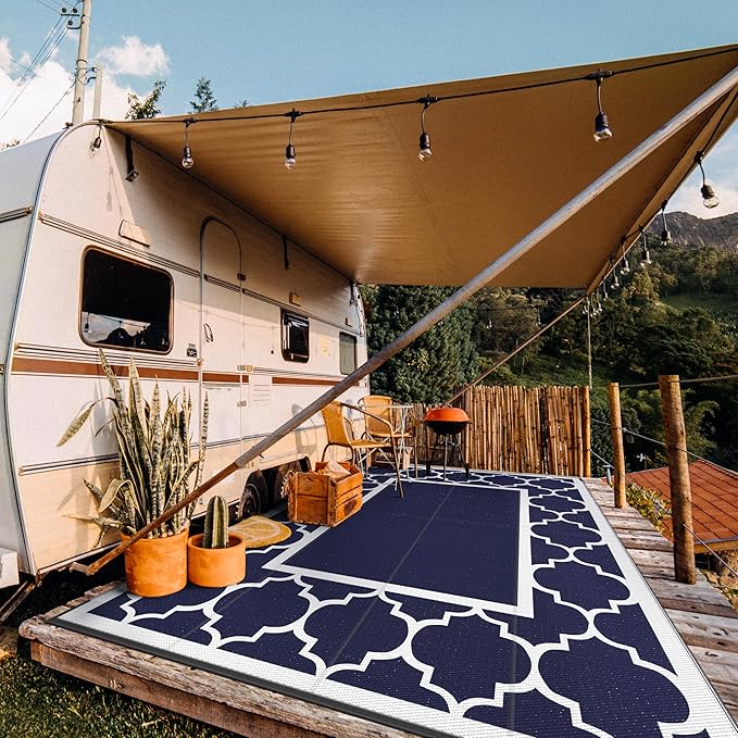 GENIMO 10' x 14' Outdoor Rug Waterproof for Patio, Foldable Reversible Plastic Straw Area Rugs Mat for Rv Decor, Outside Carpet for Camper, Deck, Picnic, Beach, Balcony, Porch, Blue & White-Ruum Studio Home