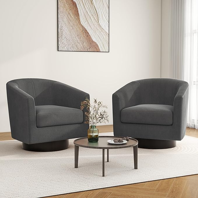 Swivel Barrel Accent Chair, Modern Round Corduroy Fabric Arm Chair for Living Room, Bedroom, Comfy Club Reading Chairs for Adults (Corduroy Grey, Set of 2)-Ruum Studio Home