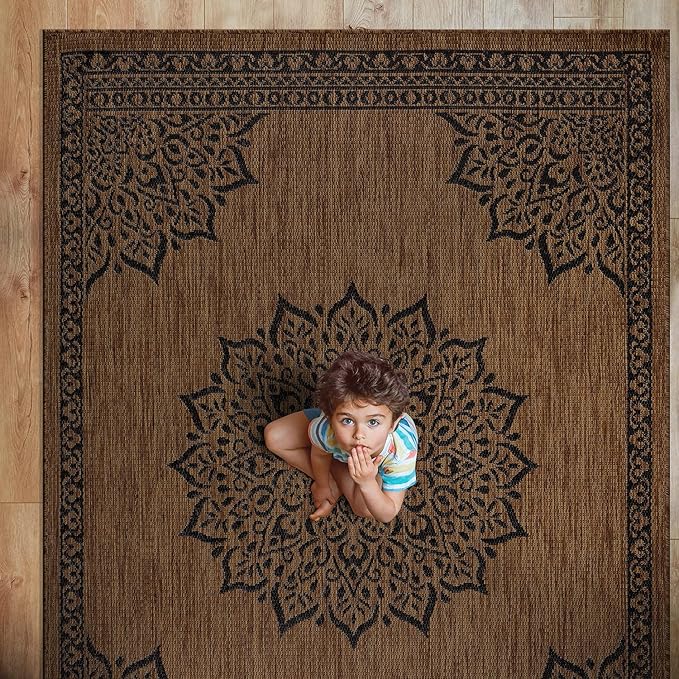 CAMILSON Outdoor Rug, 10x14 Medallion Nut Brown Black Modern Area Rugs for Large Indoor and Outdoor Patios, Kitchen and Hallway Mats, Washable Porch Deck Outside Carpet (Nut Brown Black, 10 x 14)-Ruum Studio Home