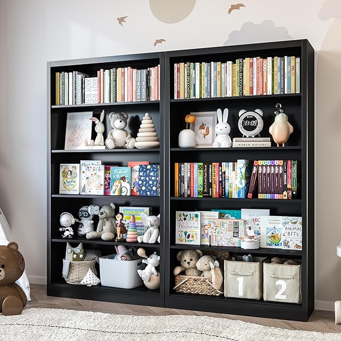 Black Bookshelf, 55” Adjustable Tall Metal Bookshelf, 5-Tier Toy Storage Organizer with Anti-Tilt Device, Modern Book Cases and Book Shelves for Bedroom, Playroom, Classroom, Study-Ruum Studio Home