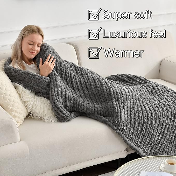 Maetoow Tighter Version Chenille Chunky Knit Blanket Throw （40×50 Inch）, Handmade Warm & Cozy Blanket Couch, Bed, Home Decor, Soft Fleece Banket, Boho Thick Blankets and Giant Yarn Throws，Dark Grey-Ruum Studio Home