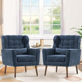 Accent Chair Set of 2, Upholstered Armchair with Pillow, Fabric Single Sofa Chair with Lounge Seat and Wood Legs Accent Chair for Living Room Small Spaces (Dark Blue, Set of 2)-Ruum Studio Home