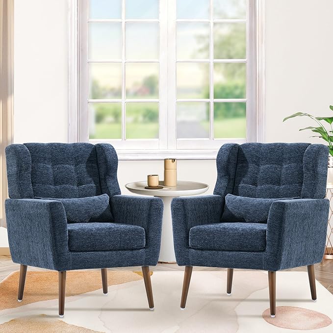 Accent Chair Set of 2, Upholstered Armchair with Pillow, Fabric Single Sofa Chair with Lounge Seat and Wood Legs Accent Chair for Living Room Small Spaces (Dark Blue, Set of 2)-Ruum Studio Home