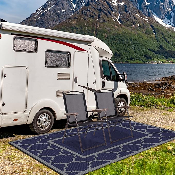 GENIMO Outdoor Rug 8' x 10' Patio Waterproof, Foldable Reversible Plastic Straw Area Rugs Mat for Camper Decor, Outside Carpet for Rv, Deck, Porch, Picnic, Beach, Balcony, Blue & Grey-Ruum Studio Home