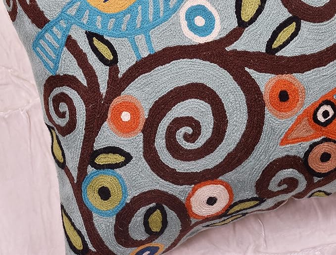 Tree of Life Birds Pillow Cover Teal Blue Floral Pillowcase Botanical Floral Outdoor Suzani Cushions Traditional Flower Cushion Hand Embroidered Cushions Wool Size - 18x18-Ruum Studio Home