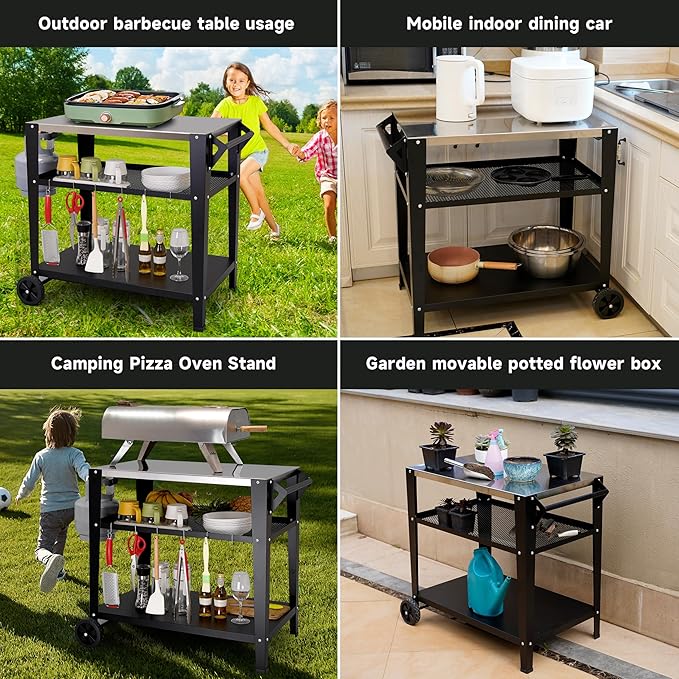Stainless Steel Outdoor Grill Cart with Wheels, Heavy-Duty 3-Tier BBQ Prep Table for Pizza Oven, Griddle, Patio – Rustproof Commercial Kitchen Cart with Tool Hooks-Ruum Studio Home