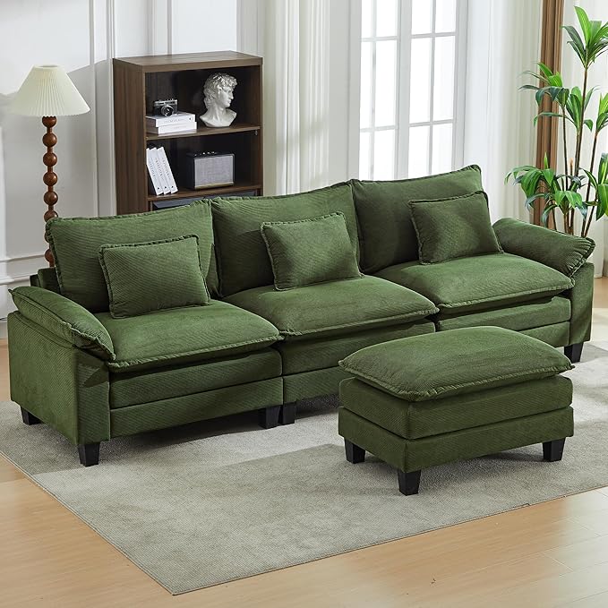URRED Modular Sectional Sofa Comfy Cloud Couch, Modern Corduroy Sofa Sleeper Deep Seat Couches with Ottoman/Pillows for Living Room (Green, 117''- L Shape)-Ruum Studio Home