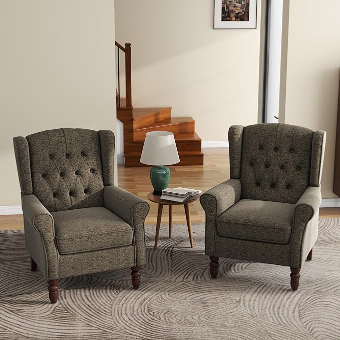UIXE High Back Accent Chairs Set of 2, Upholstered Armchair in Fabric, Retro Wingback Arm Chair for Living Room, Comfy Single Sofa Bedroom Reading Seat with Solid Wood Legs - Taupe-Ruum Studio Home