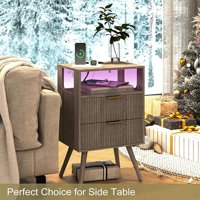 Nightstand with Charging Station and LED Lights,Modern Bedside Table with 2 Storage Drawer and Open Wood Shelf, for Bedroom and Small Spaces,Night Stand with Solid Wood Legs,GreyOak-Ruum Studio Home