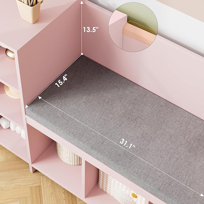 HOSTACK 67" Kids Reading Nook with Bench, Kids Bookshelf and Bookcase with Seat Cushion and 6 Storage Cubbies, Toy Storage Box on Wheels, Toy Chest for Playroom, Bedroom, School, Pink-Ruum Studio Home