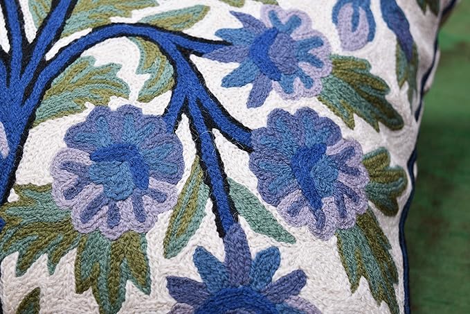 Blue Tree of Life Pillow Cover Indigo Plant Floral Pillowcase Needlepoint Botanical Flower Suzani Cushions Traditional Boho Modern Floral Cushion Wool Size - 18x18-Ruum Studio Home